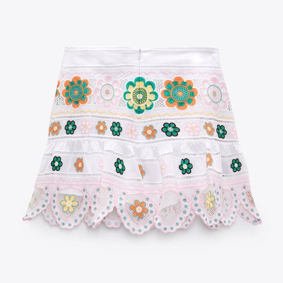 ZARA Embroidered Cotton Floral Tiered Mini Skirt, Skort- Size XS - Picture 8 of 14